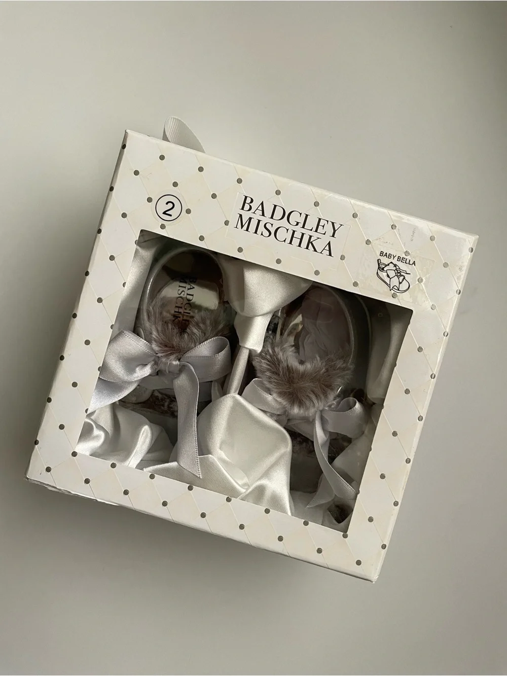 NWT & Box! Badgley Mischka Baby Bella Silver Fur-Trim Kids Sneakers with Bow